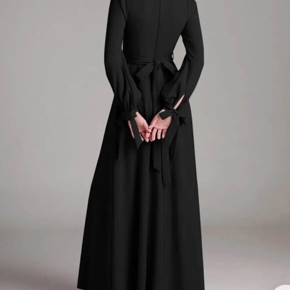 Black A-Line Long Sleeve Stretch Crepe Dress - Picture 2 of 5